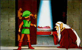 Impa et Link entrant dans la pièce ou repose la princesse Zelda.